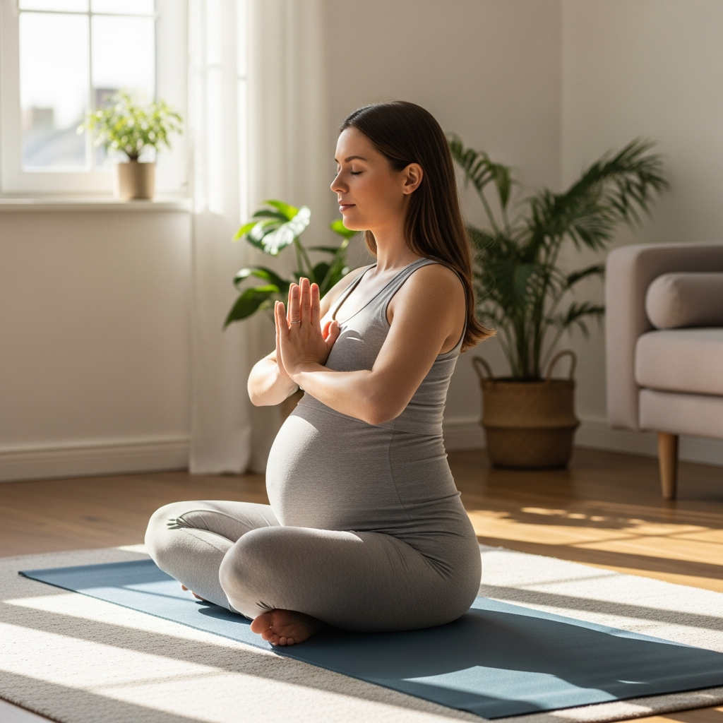 Pregnant woman practicing prenatal yoga for third trimester fitness