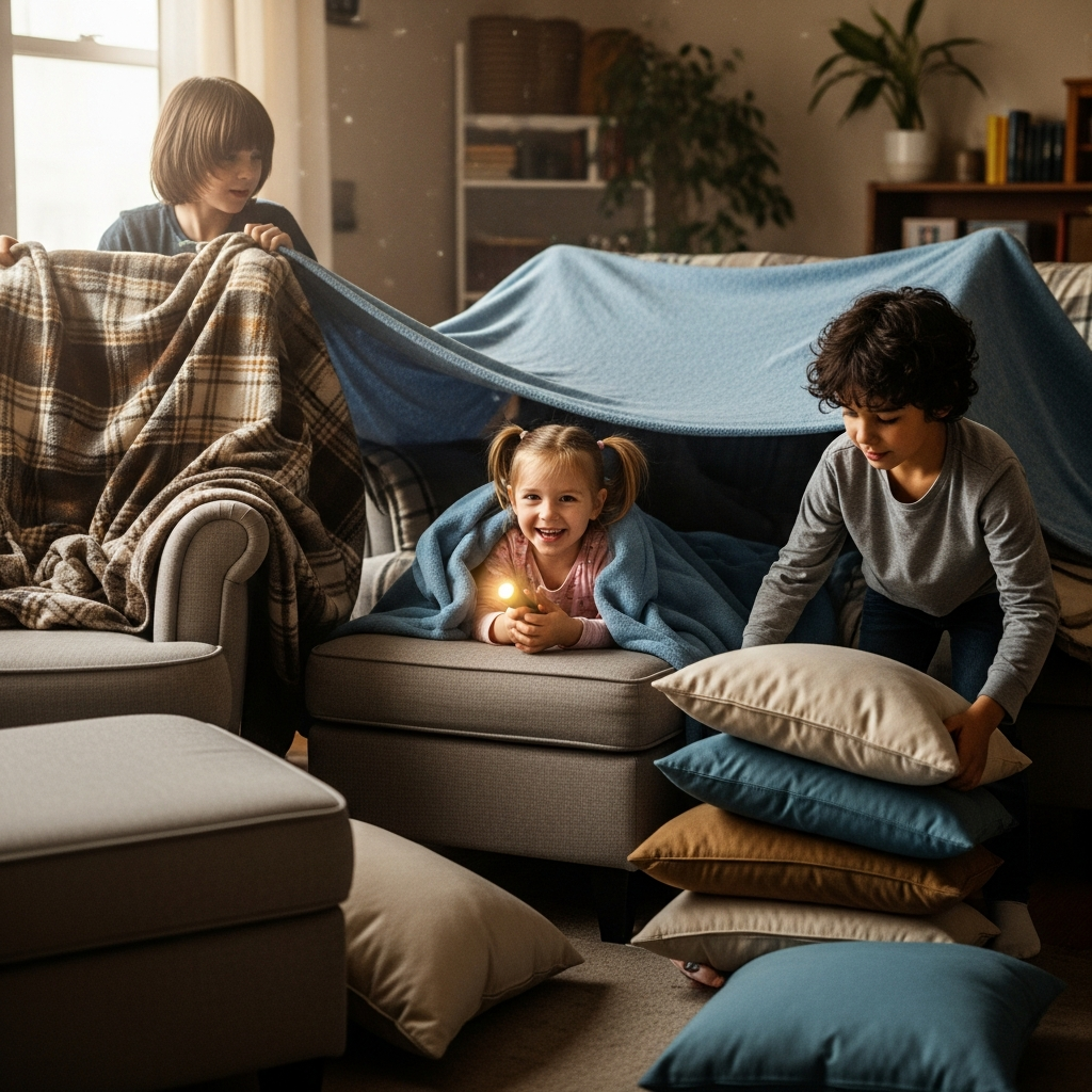 Free indoor summer activities for kids building blanket fort at home with pillows and flashlights