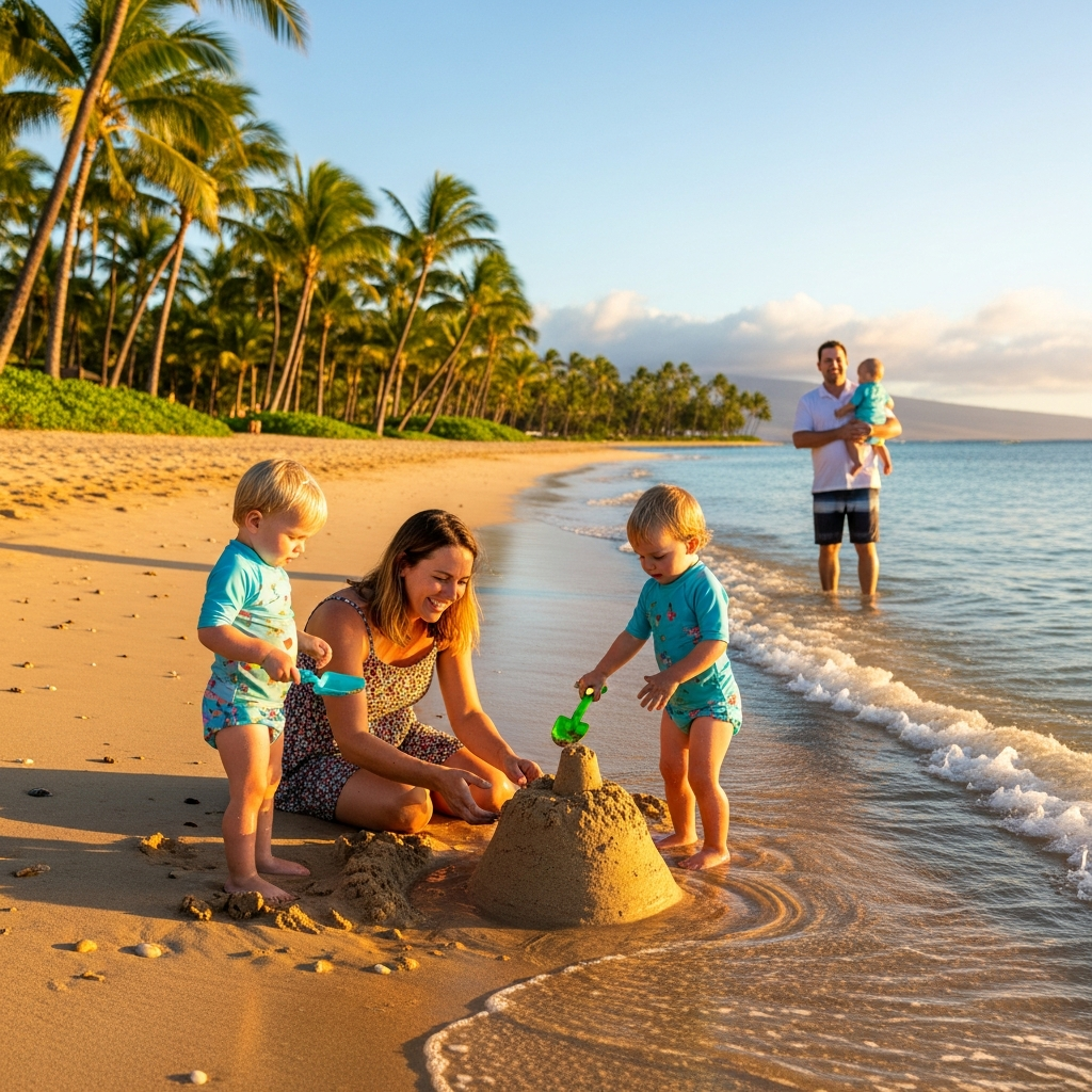 Family with toddlers playing in calm Hawaiian beach waters with gentle waves