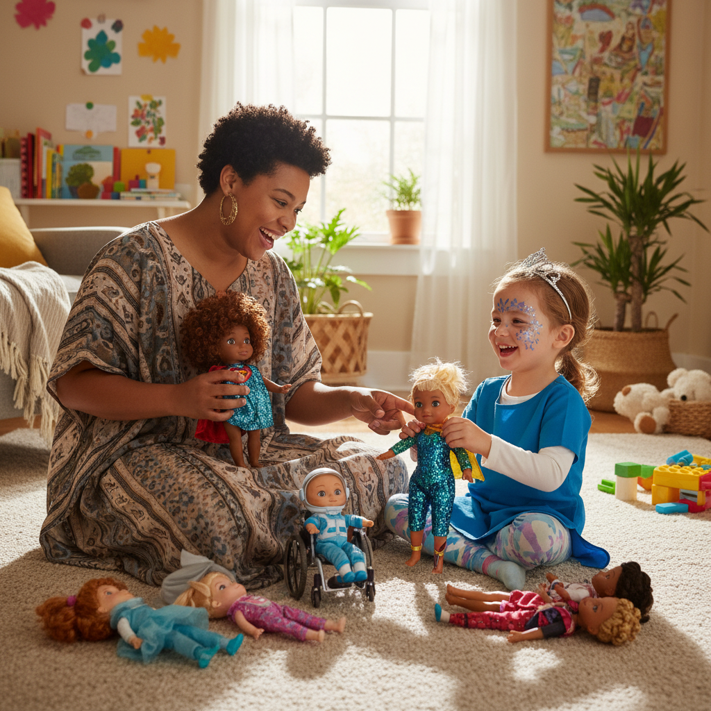 Parent and child playing with dolls together supporting identity expression and positive play guidance at home