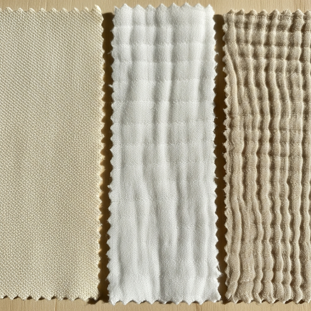 Vergleich von atmungsaktiven Stoffmustern, die Bambus-Baumwolle-Musselin-Texturen für Babykleidung zeigen