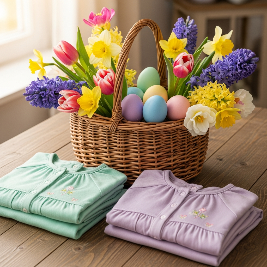 Canasta de Pascua con flores de primavera y huevos pastel junto a atuendos de Pascua para niños doblados para la venta de PatPat