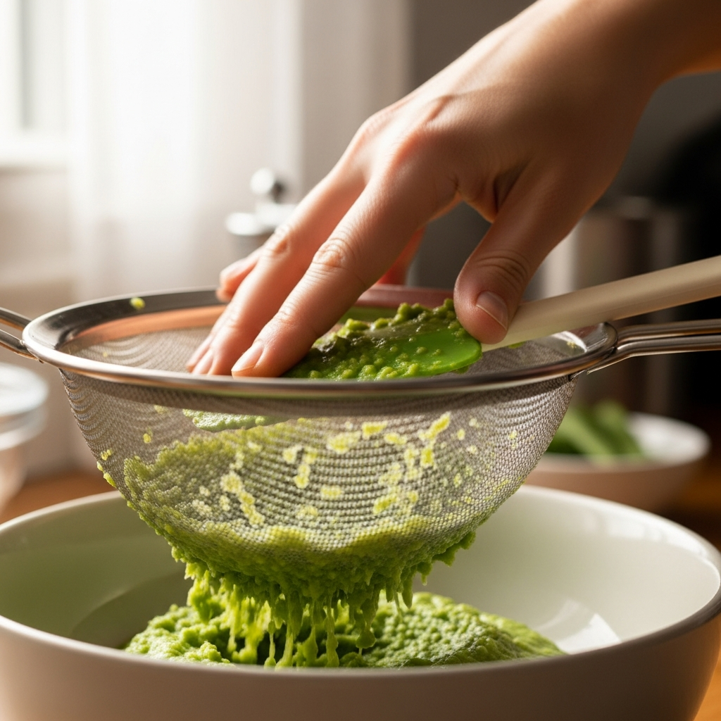 Filtrage de la purée de haricots verts à travers un tamis fin pour une texture lisse