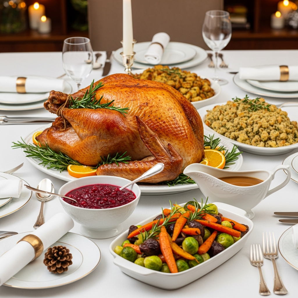 Classic roasted Christmas turkey with golden brown skin and traditional trimmings