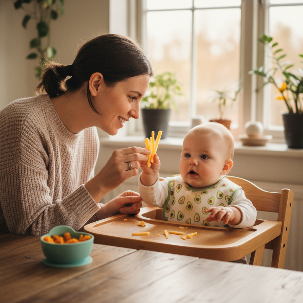 Mutter bietet Baby im Hochstuhl Käsestreifen an – sichere Milchprodukteinführung für Babys