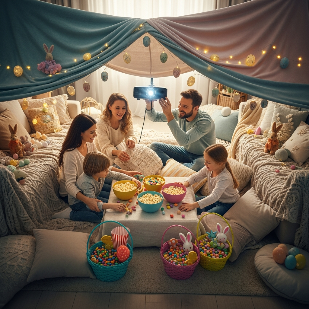Perfektes Osterfilm-Marathon-Setup für Kinder Osterfilm-Marathon-Planung mit Deckenburg und festlichen Dekorationen
