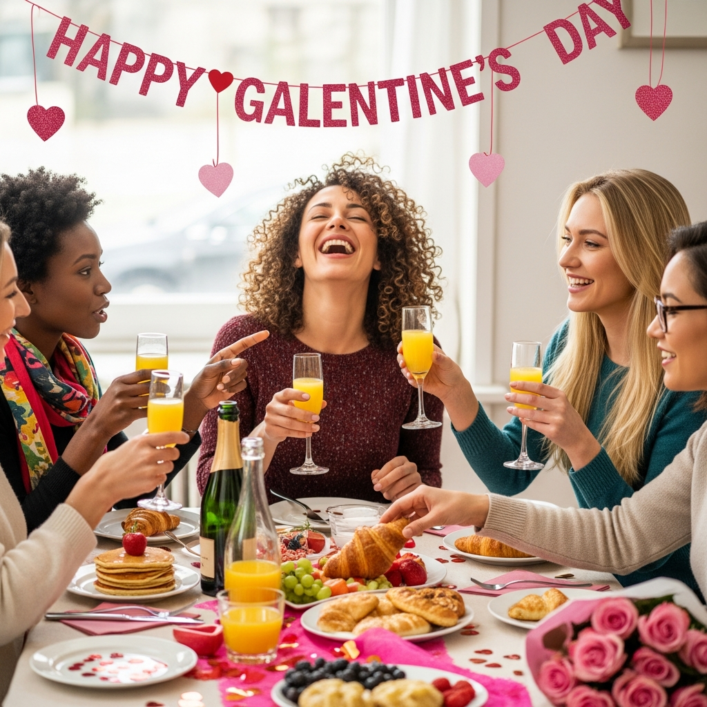 Galentine's Day-Feierideen für Freunde Freunde feiern Galentine's Day-Brunch mit Mimosas und Dekorationen
