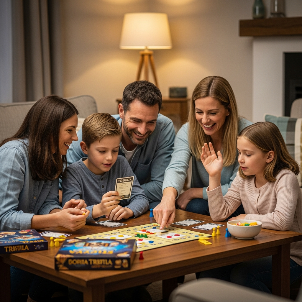 Family playing New Year trivia games together at home Family trivia game night visual guide for New Year celebration with kids