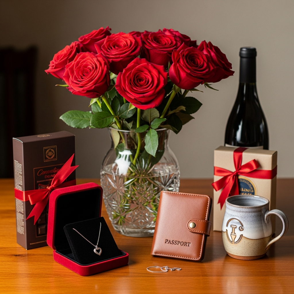 Romantische Valentinstag-Geschenkideen Bedachte Valentinstag-Geschenkauslage mit personalisierten Gegenständen und Rosen