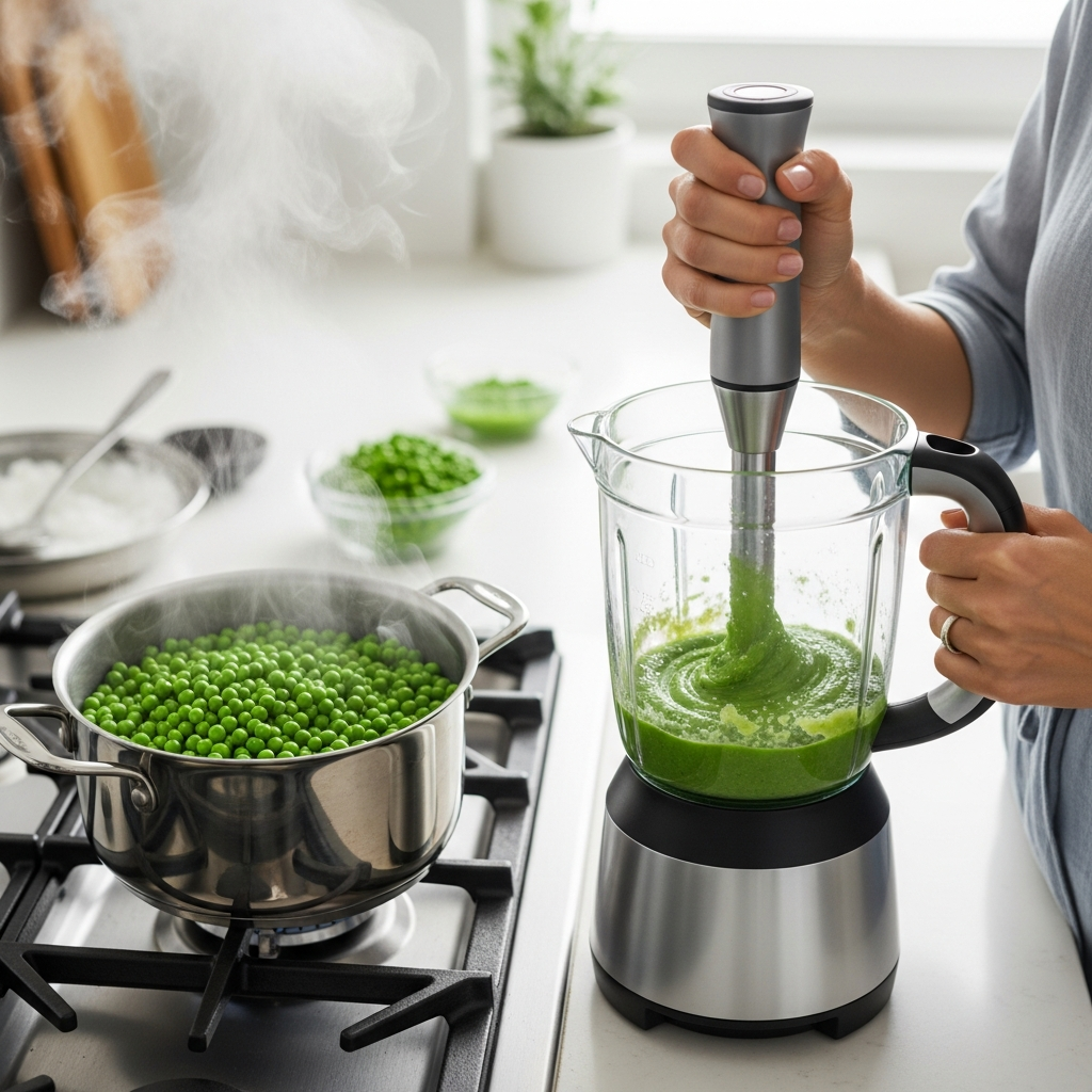 Pea baby food preparation process showing steaming and blending