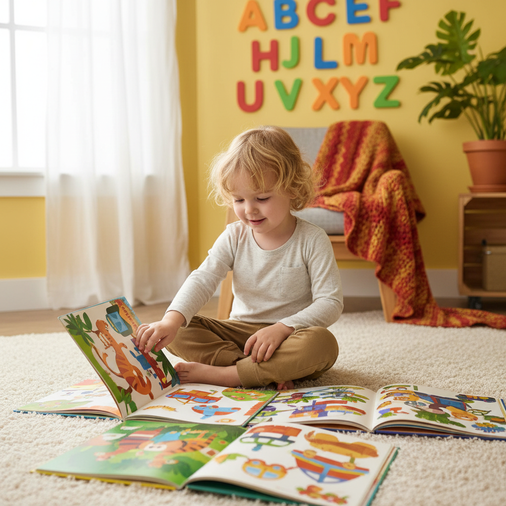 Preschool child exploring picture books with alphabet letters, phonics reading development guide