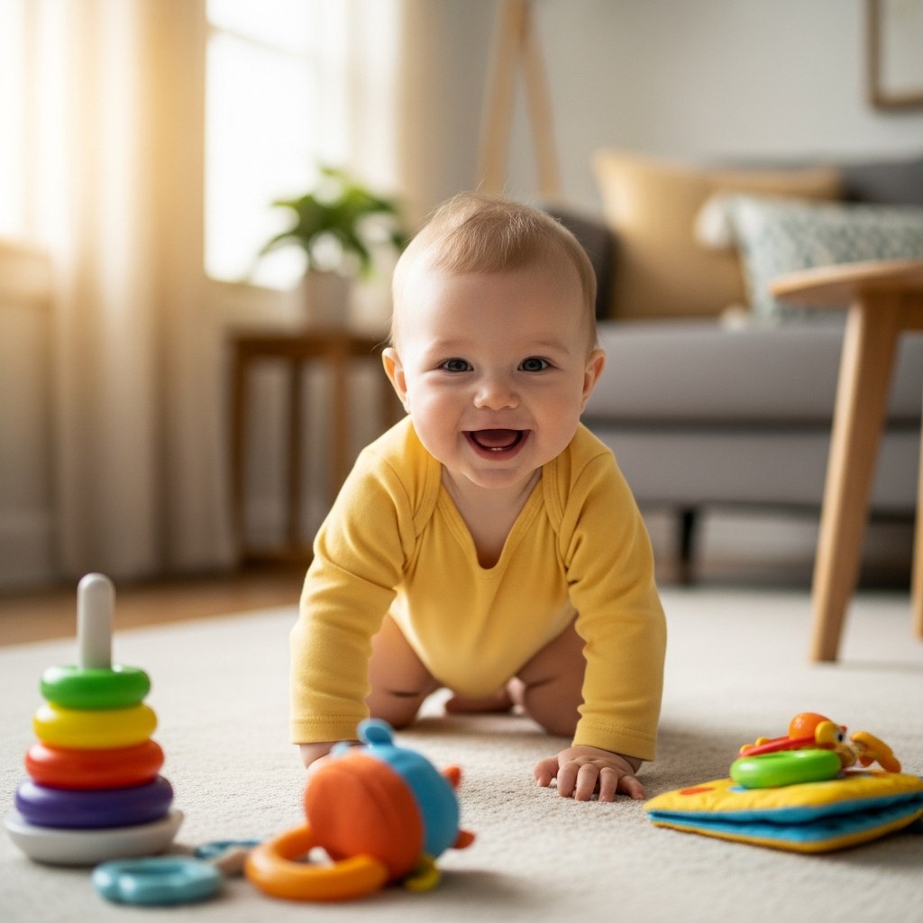 Bebé de ocho meses gateando hacia la cámara durante sesión de fotos de hito