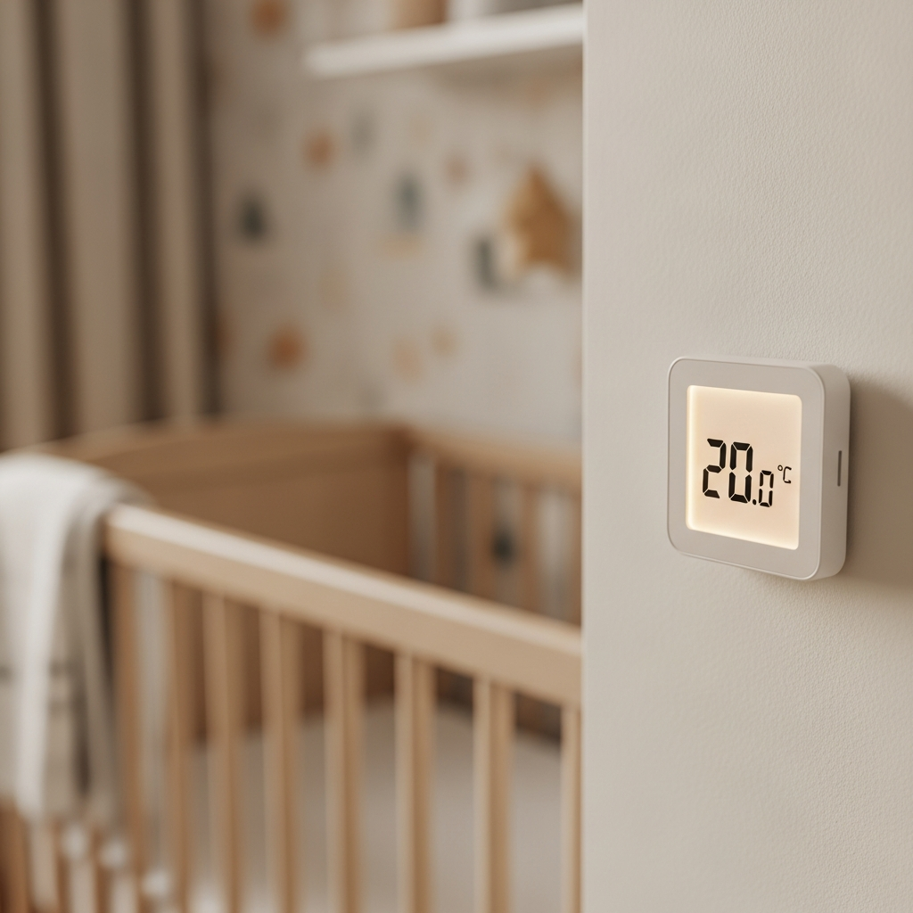 Room thermometer displaying ideal baby sleep temperature in nursery environment