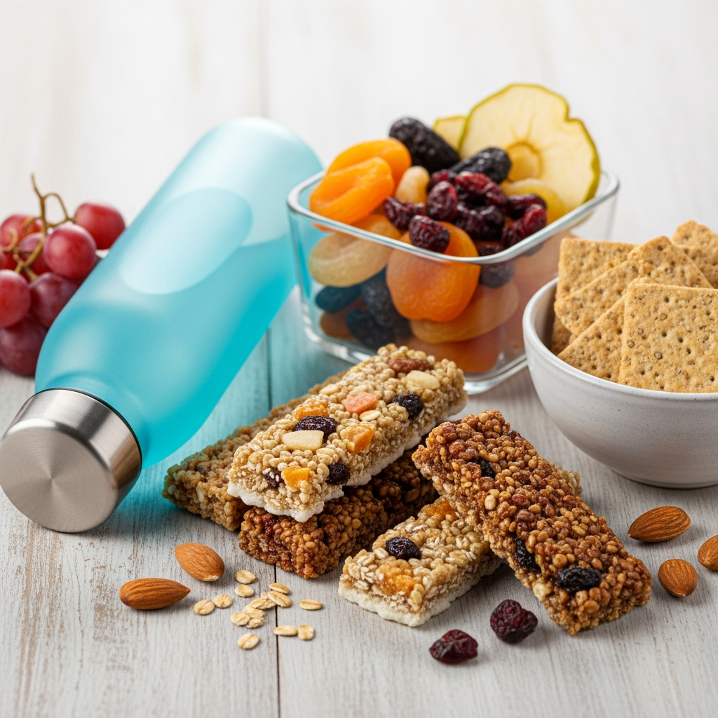 gesunde Snacks für die Geburt und Wasserflasche für die Vorbereitung der Kliniktasche