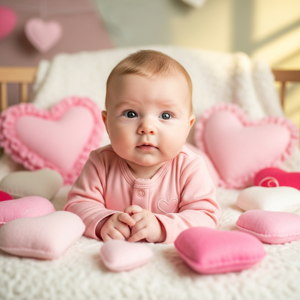 Baby erstes Valentinstag-Foto mit Herzdekorationen