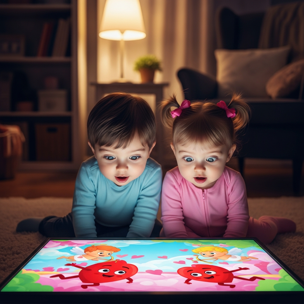 Niños pequeños viendo caricaturas de San Valentín guía visual para padres