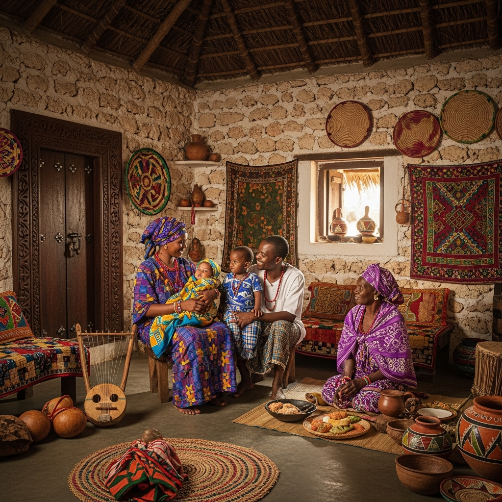 Tradiciones culturales swahili africanas y familia con bebé