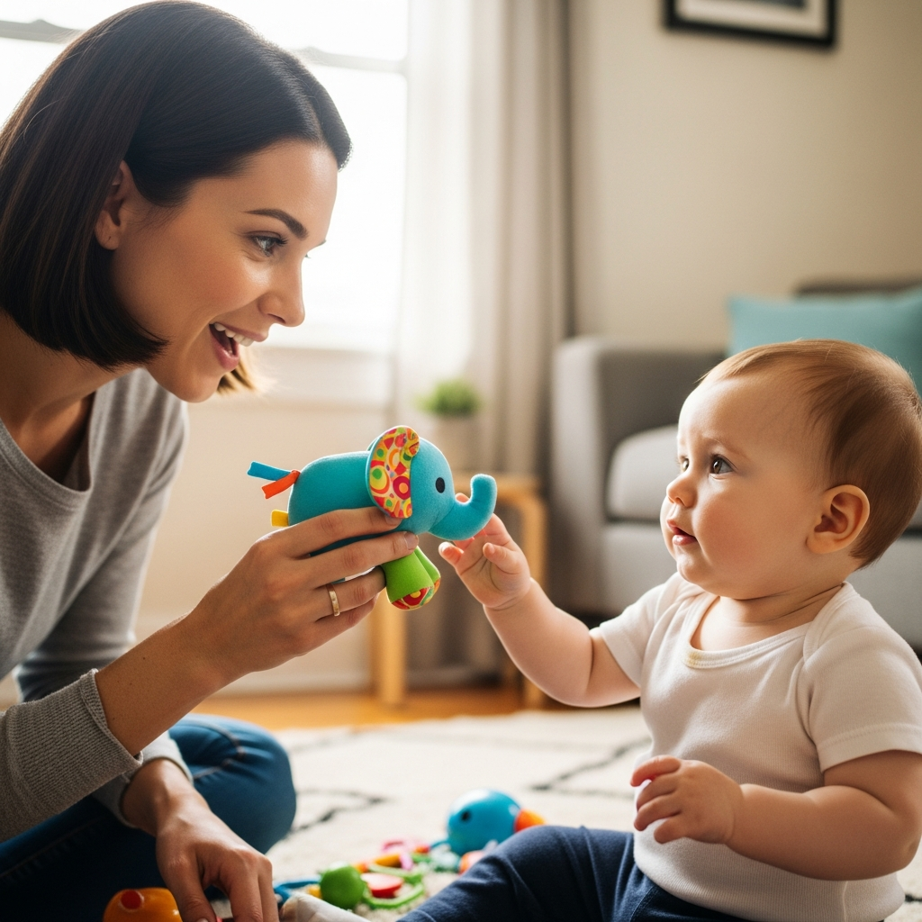 Padre usando estrategias efectivas de lenguaje con bebé durante el juego