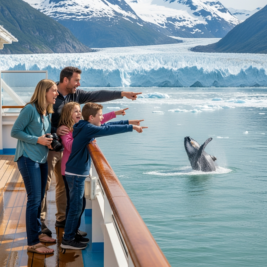 Family enjoying Alaska cruise wildlife viewing from ship deck
