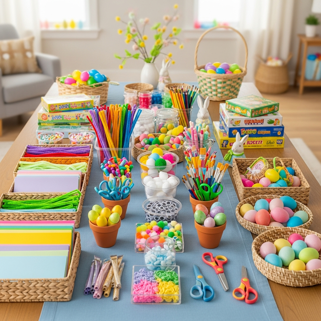 Configuración en casa para actividades creativas de Pascua con suministros organizados y estaciones