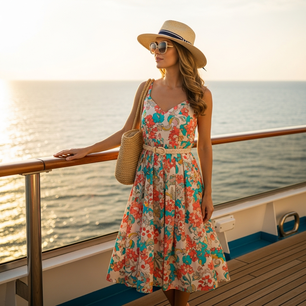 Mujer con un elegante vestido sundress floral para atuendo de crucero de verano en la cubierta del barco con vista al océano