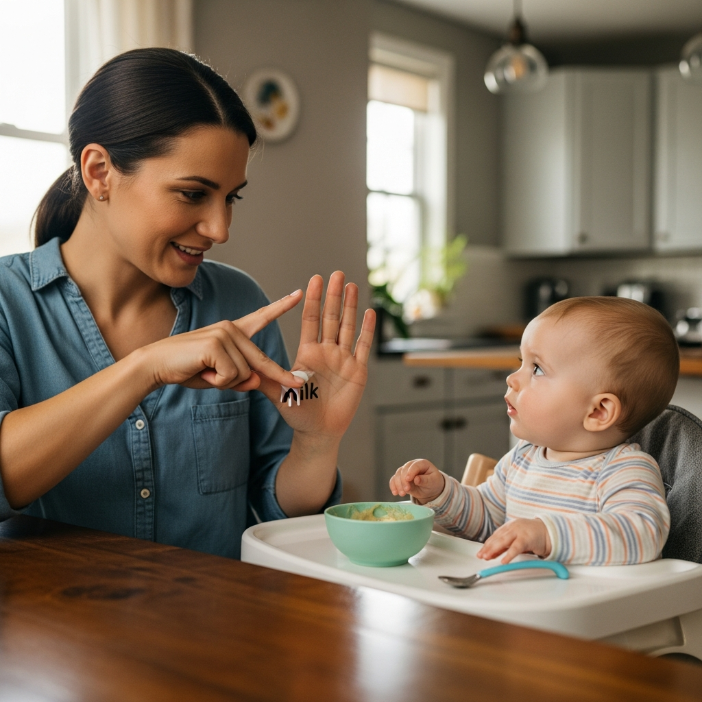 Teaching baby sign language step by step during mealtime demonstration