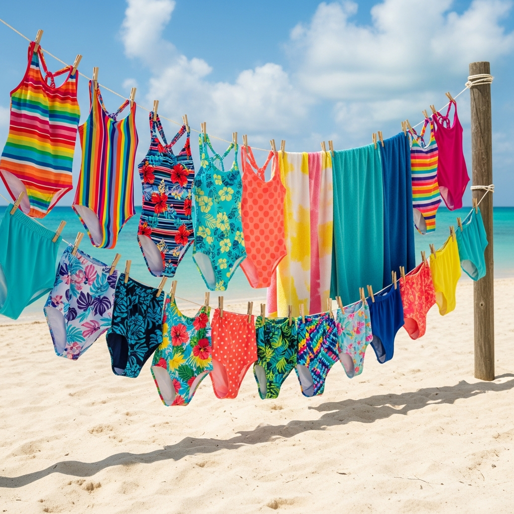 Familienbadeanzüge trocknen auf Strand-Wäscheleine-Pflegeleitfaden