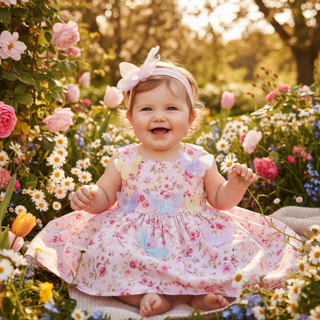 Baby girl in pink floral spring dress with butterfly appliques and headband for Easter and spring occasions