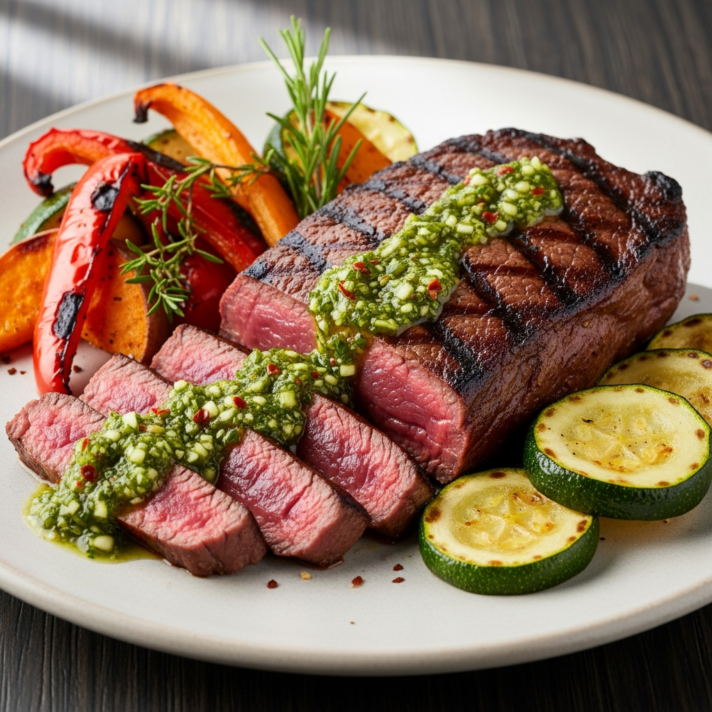 Eisenreiches Rindfleisch-Sirloin-Steak mit Zitrus-Chimichurri für Fruchtbarkeits-Ernährung