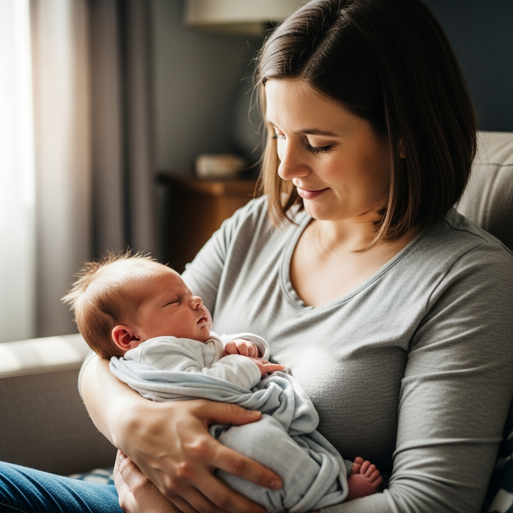 Mutter hält sanft schlafendes Neugeborenes während des Übergangs der Wachphase