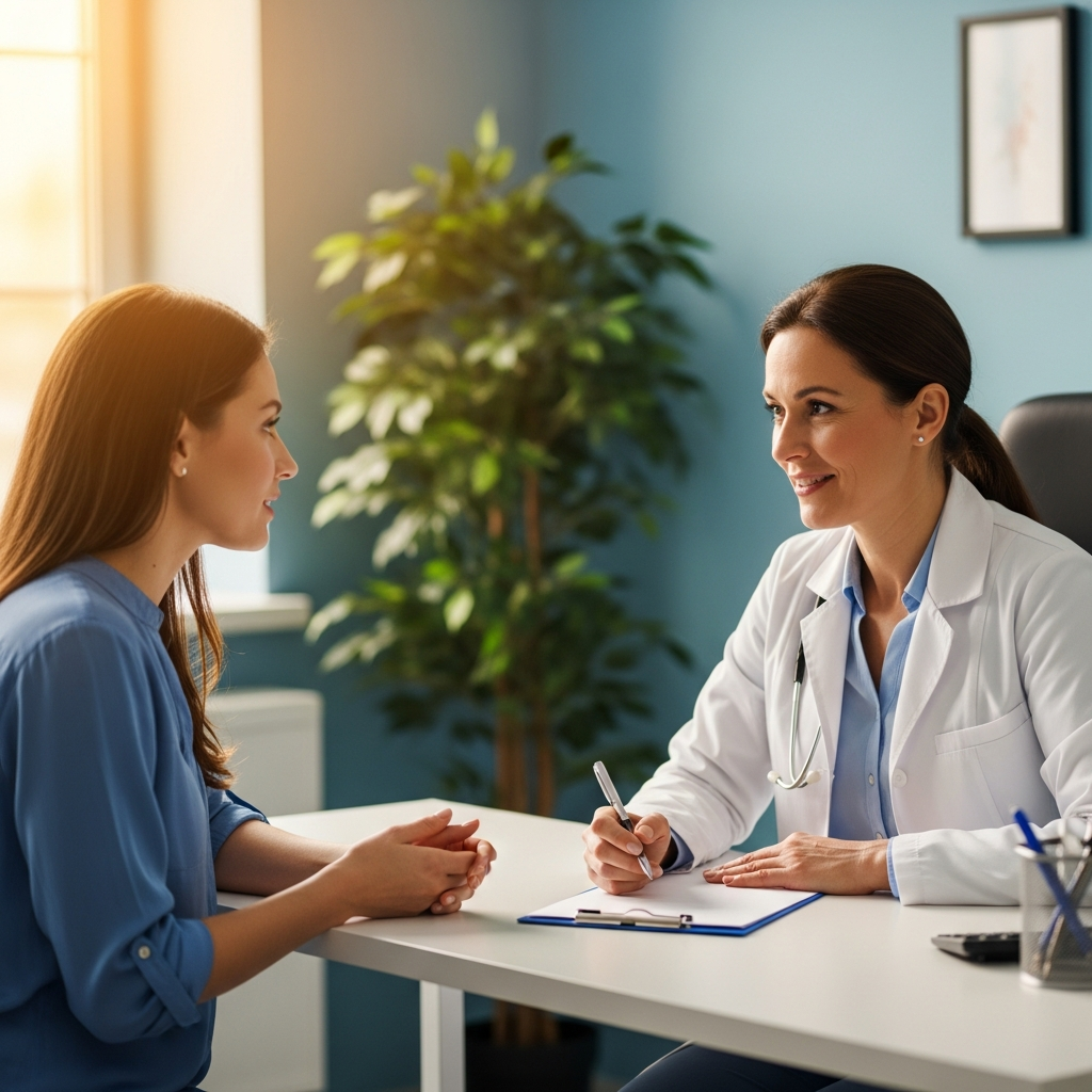 Consulta médica para irregularidades menstruales inducidas por estrés Mujer consultando a proveedor de atención médica sobre problemas de período relacionados con el estrés