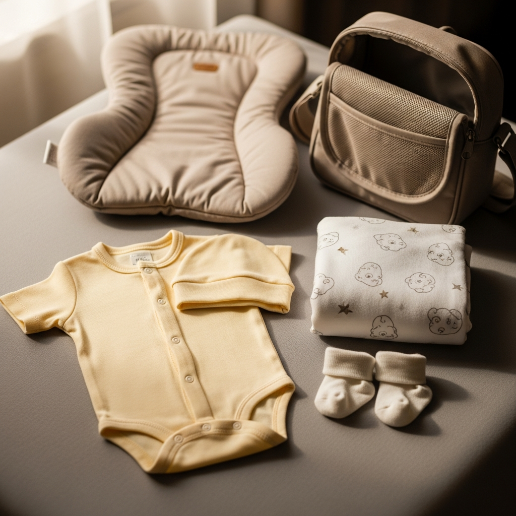 Neugeborenen-Kliniktaschen-Essentials – Heimweg-Outfit, Wickeldecke, Mütze, Socken und Babytasche ausgelegt