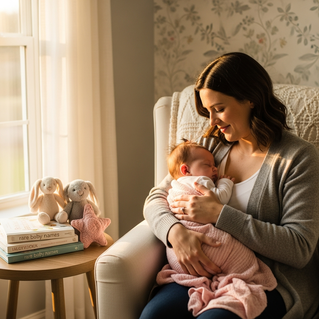 Mère et bébé fille découvrant des noms uniques rares dans un cadre de nursery