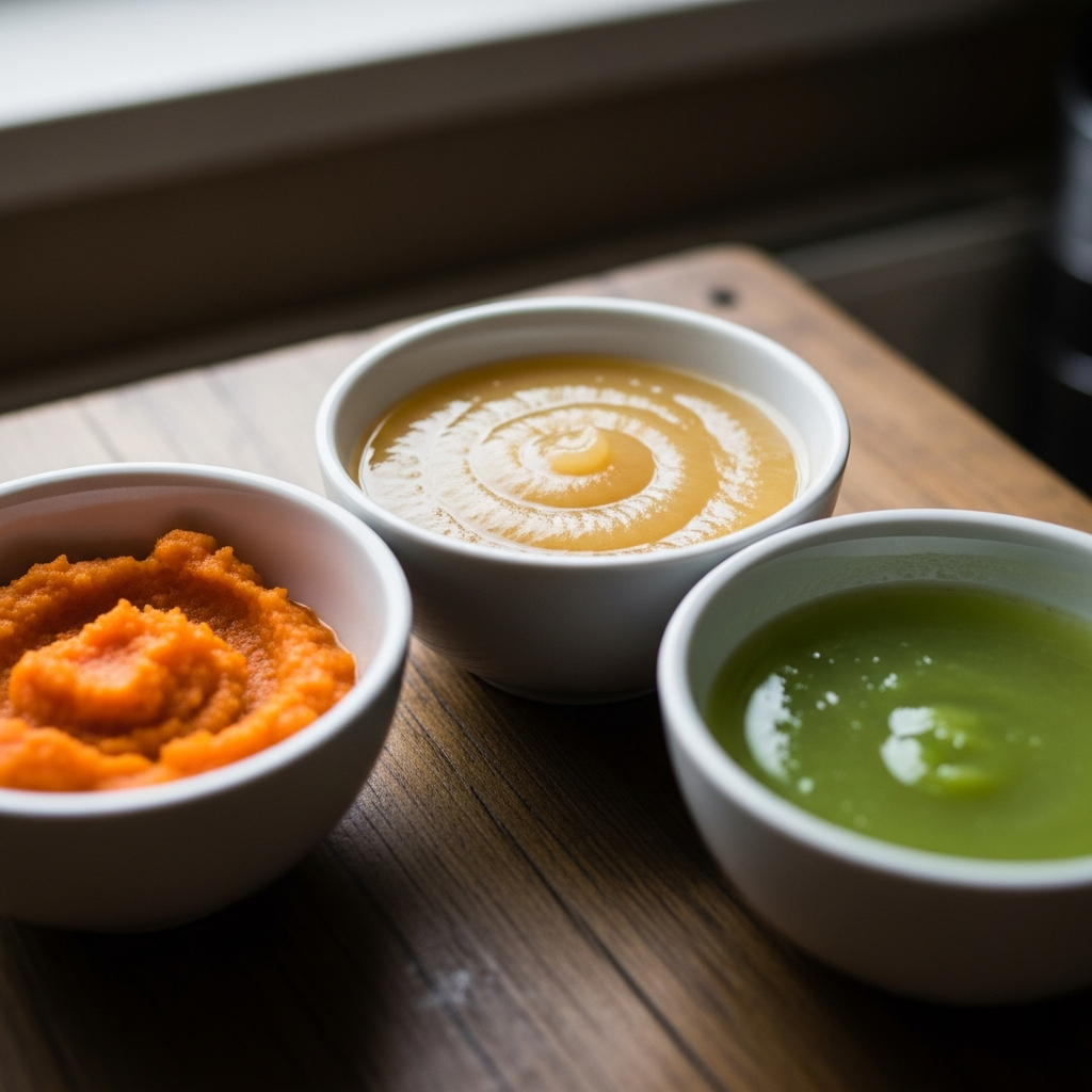 Guide de consistance des aliments pour bébé montrant la texture appropriée du stade 1