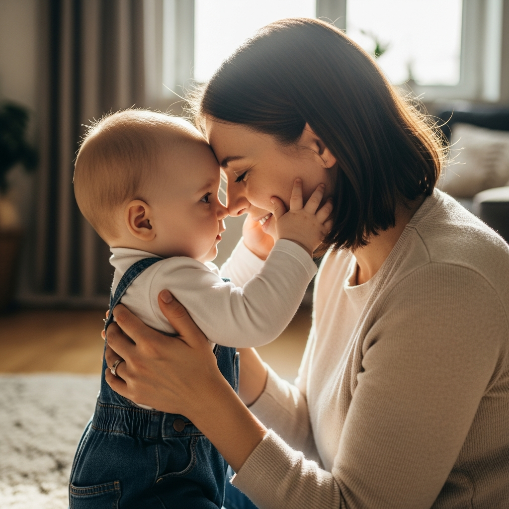 Mother bonding with 10 month old baby showing healthy emotional development