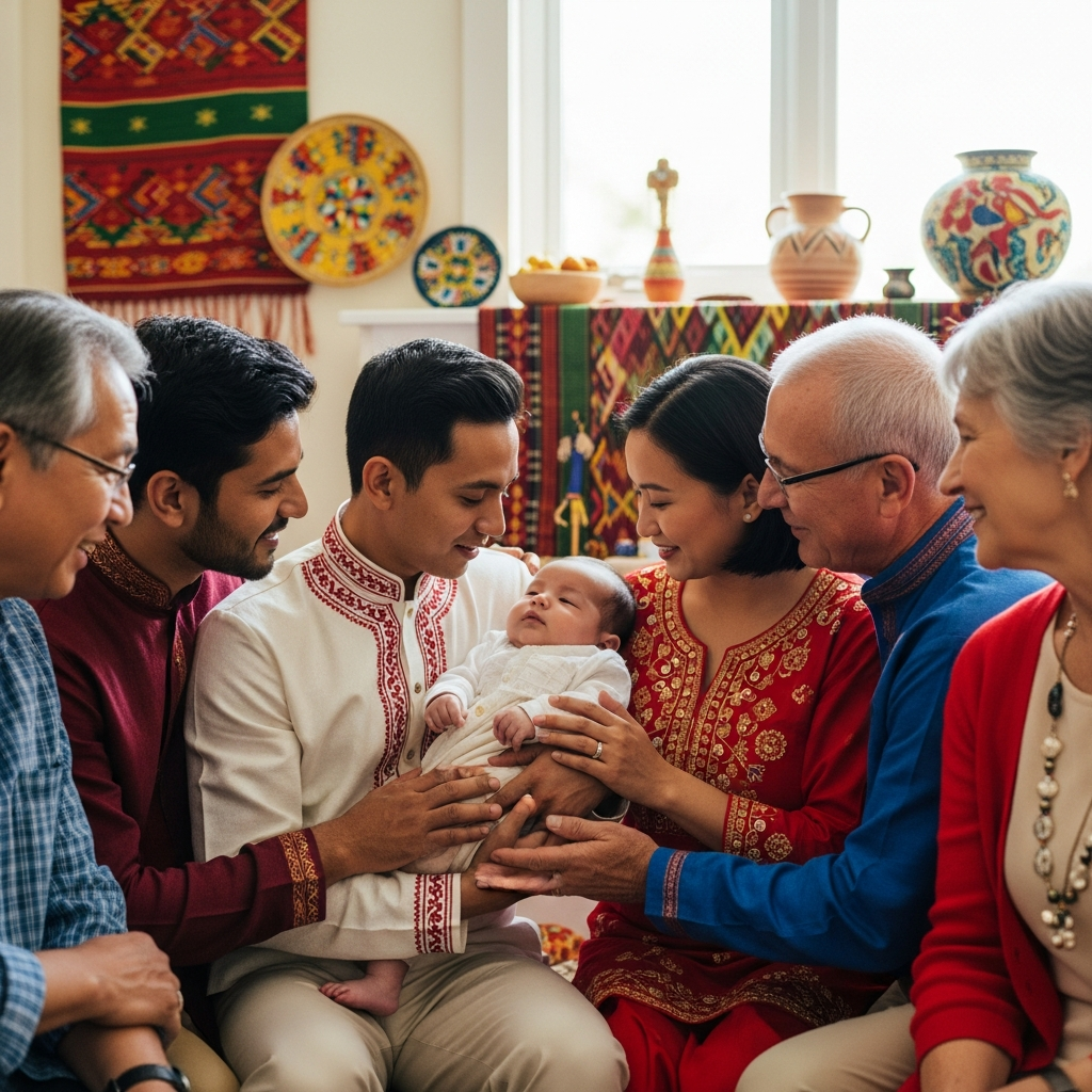 Familia multicultural celebrando tradiciones de nombramiento de bebés y herencia