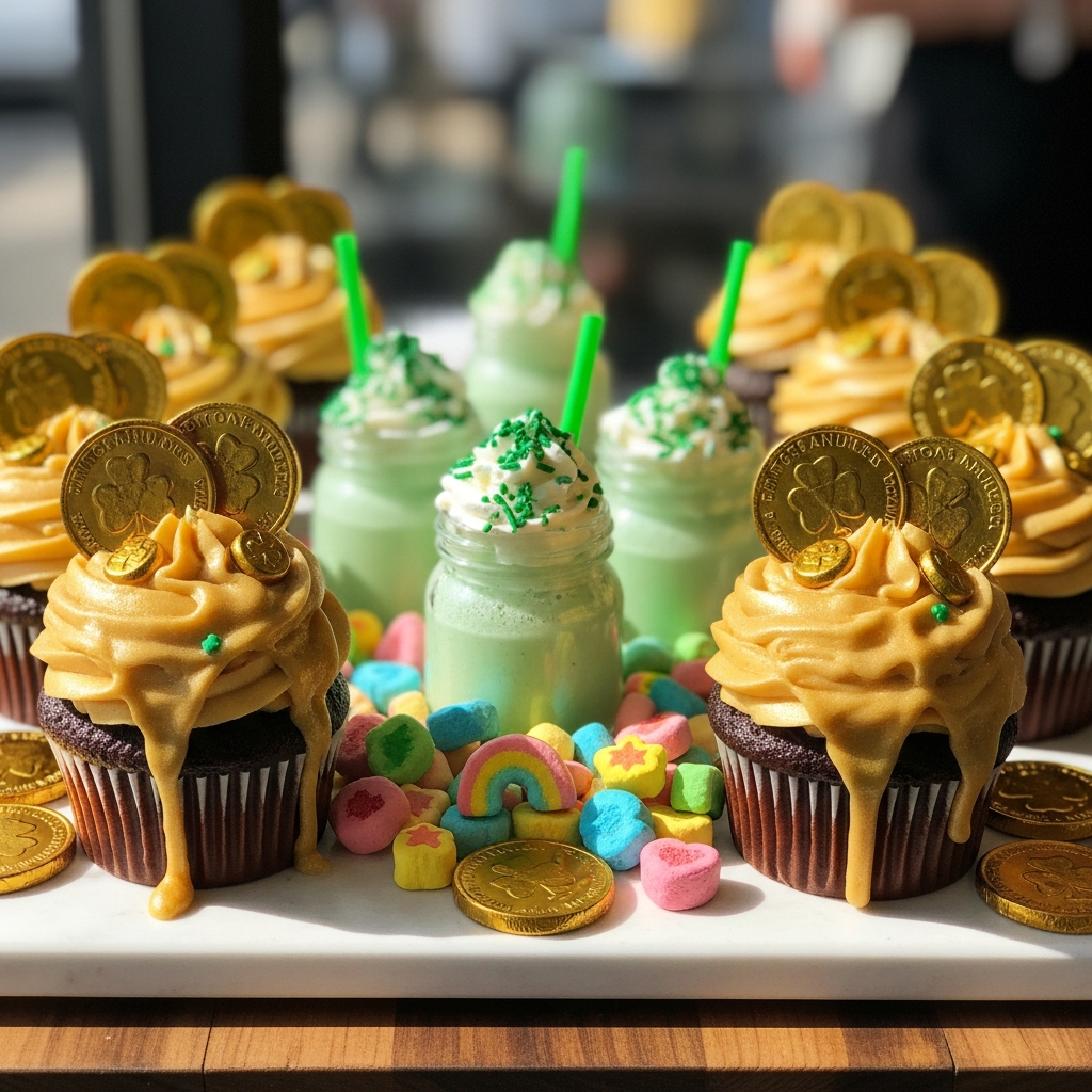 St. Patrick's Day Desserts für Kinder inklusive Topf mit Gold-Cupcakes und Lucky Charms Leckereien