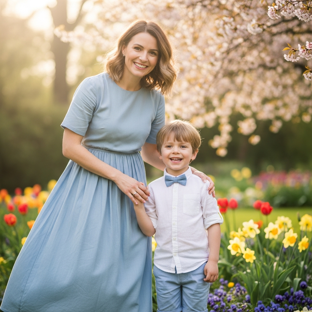 Maman et fils en tenues de Pâques bleu pastel coordonnées pour photos familiales printanières