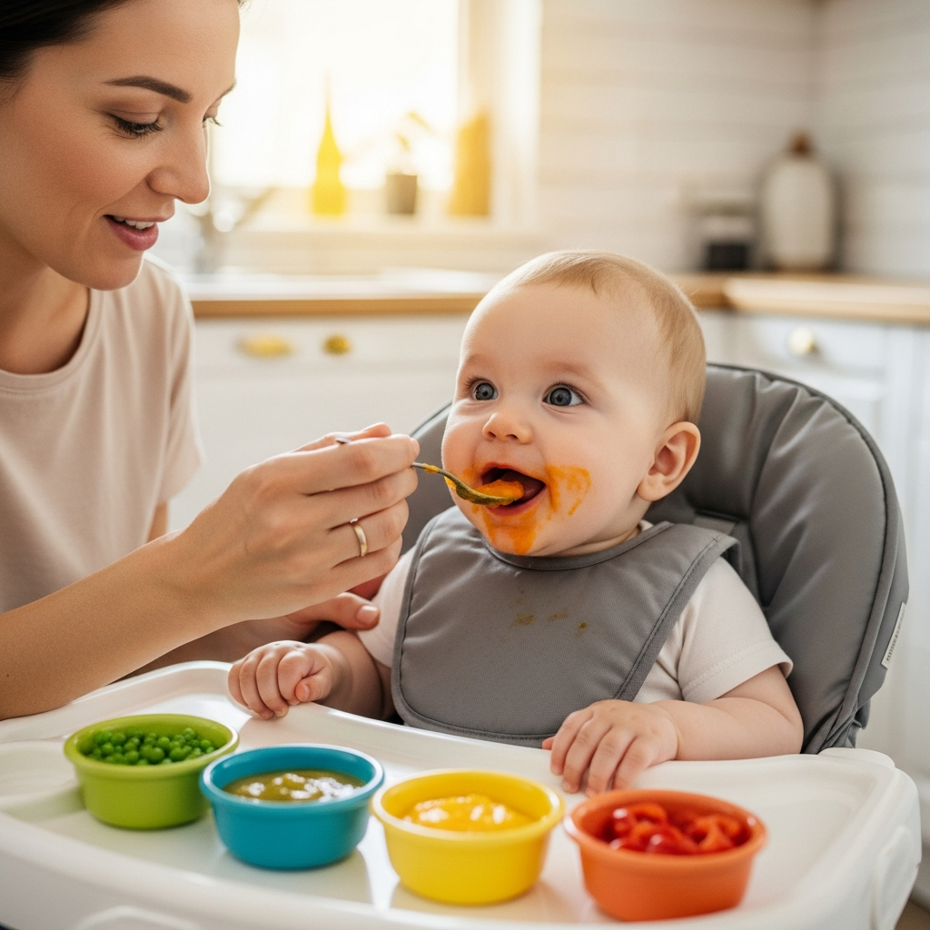 Traditionelles Löffelfüttern von Brei an das Baby Mutter füttert glückliches Baby in einem Hochstuhl mit glattem Gemüsebrei, traditionelle Entwöhnungsmethode