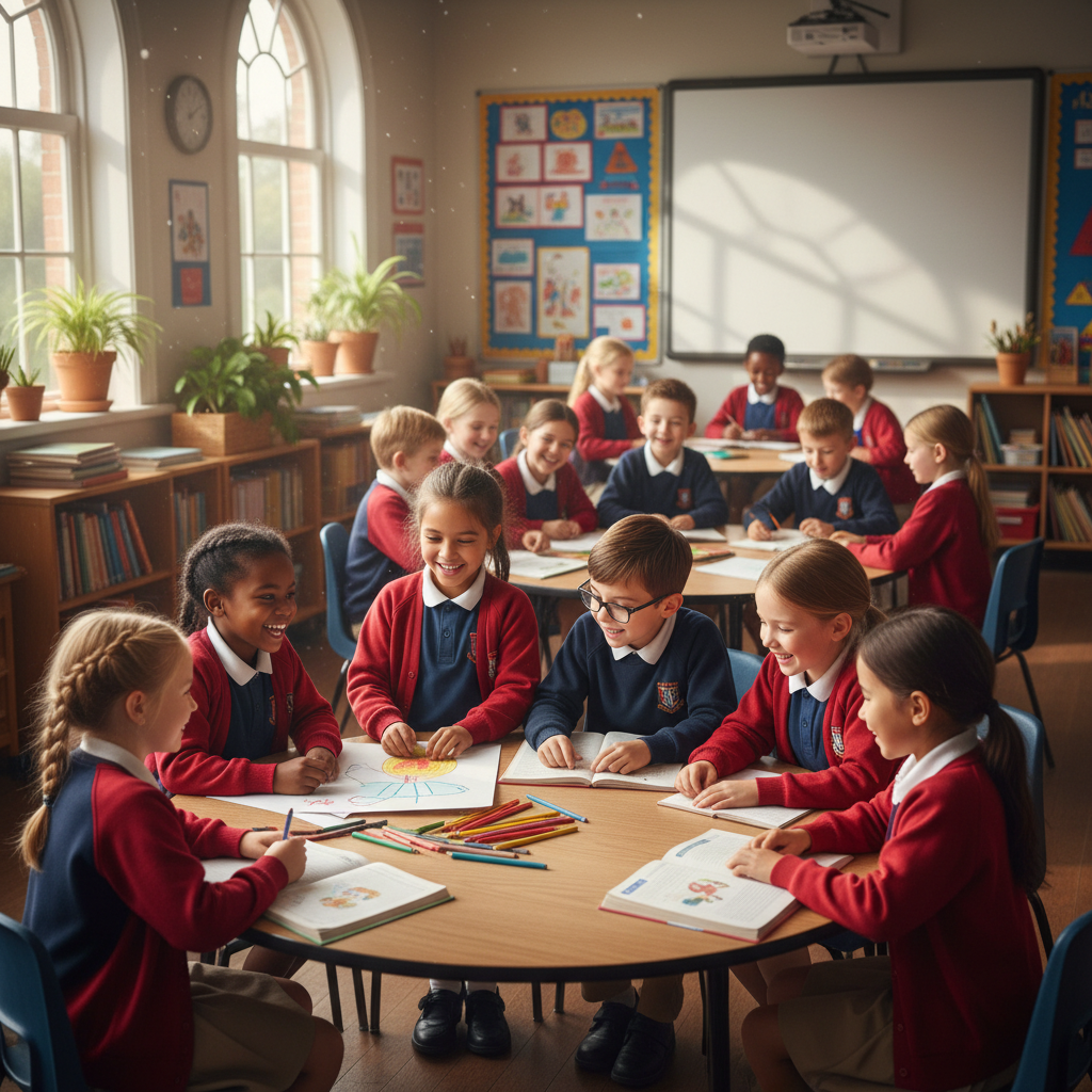Diverse school children in matching uniforms showing belonging and community in classroom