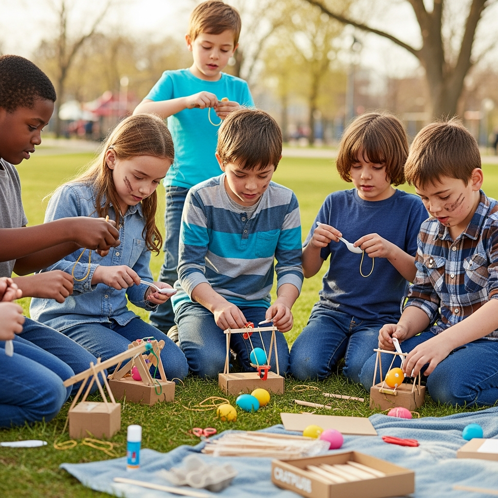 Niños en edad escolar comprometidos en proyecto de ingeniería de Pascua construyendo catapultas