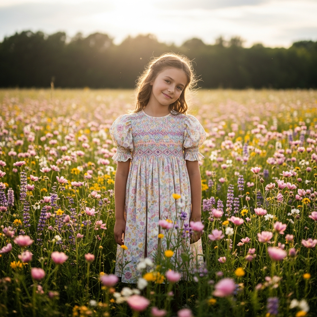 Fille dans une robe smockée florale pastel debout dans un champ de fleurs des champs style cottagecore 2026