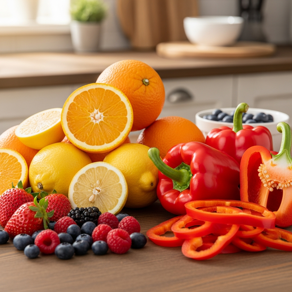 Vitamin C rich foods including citrus fruits and bell peppers for iron absorption