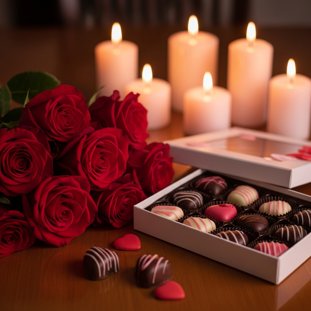 Valentine's Day symbols featuring hearts chocolates and roses illustration