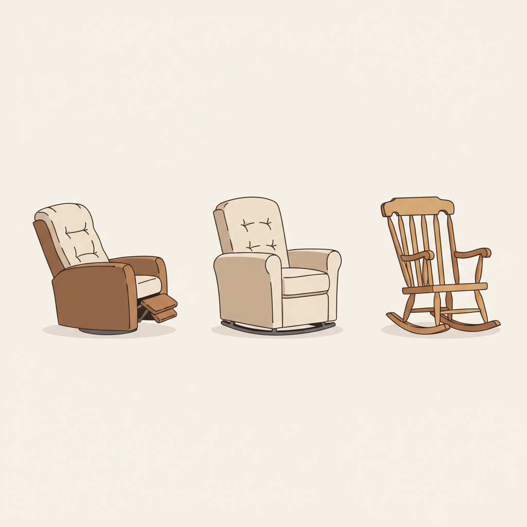 Nursery recliner vs glider vs rocker comparison Visual comparison of reclining nursery chair vs glider vs rocker showing key differences for new parents