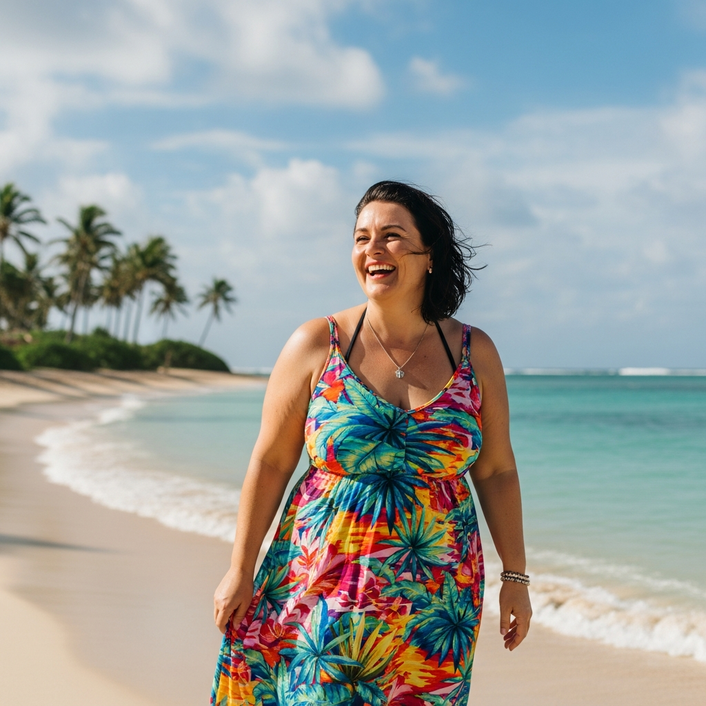 Happy plus size woman enjoying a beach vacation in a colorful lightweight sundress maxi, summer fashion guide