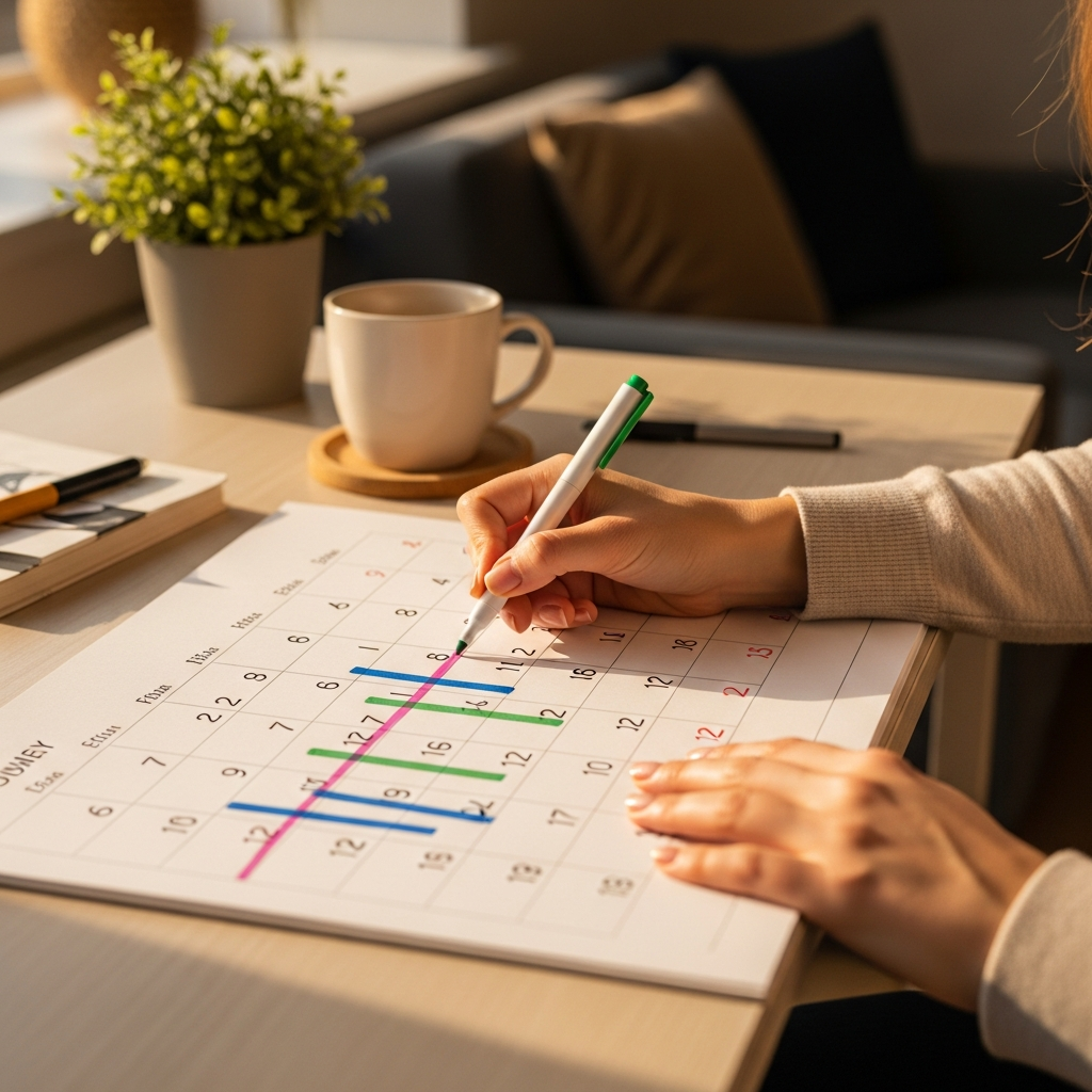 Seguimiento de retrasos del período causados por estrés en el calendario Calendario rastreando el ciclo menstrual mostrando retraso del período relacionado con el estrés