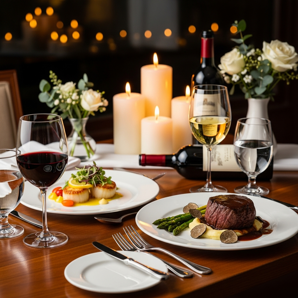 Valentinstag-Romantische Abendessenrezepte Romantisches Valentinstag-Abendessen für zwei mit eleganter Tischdekoration