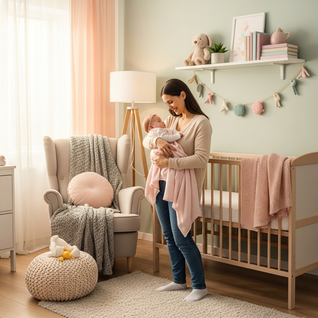 Inspiración para nombres de bebé niña de Toy Story Madre con niña bebé en la habitación infantil explorando nombres inspirados en Toy Story como Jessie y Bonnie