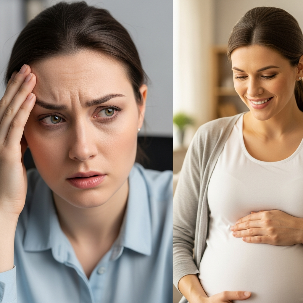 Comparando síntomas de estrés vs signos de embarazo temprano Comparación visual de síntomas de estrés que imitan el embarazo